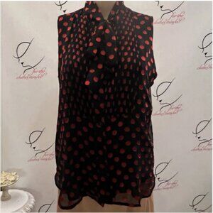 Ann Taylor. Sz MP. Sleeveless Black Red Chiffon Pintucked Blouse. Tie Neck. B70